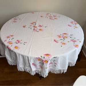 Vintage Round Tablecloth Cotton With Fringe Pink Daisy Floral Approx 62” Diam